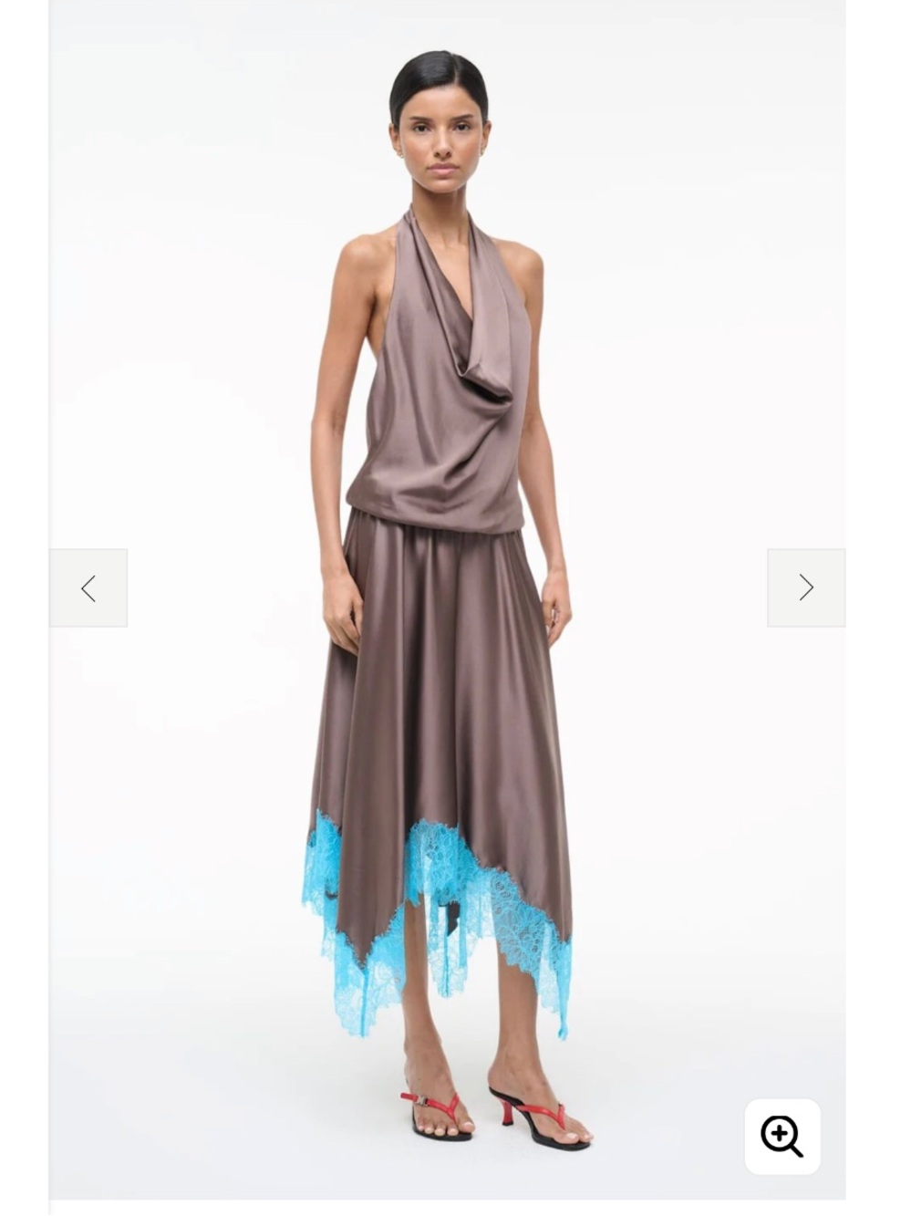 STAUD Elira Silk dress cowl neck Chocolate Brown Dress with Teal Lace Hem